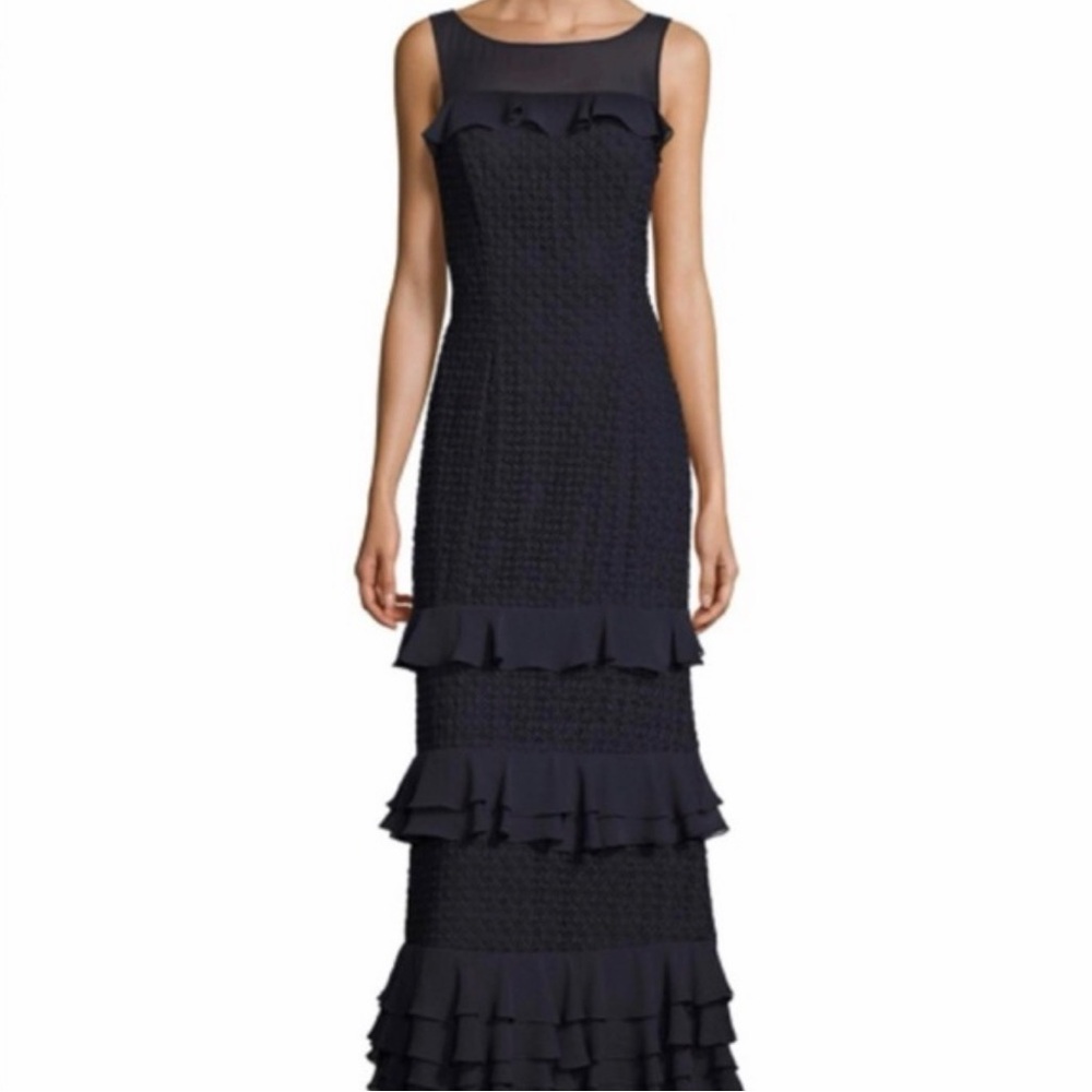 Kay Unger Navy Tiered Ruffle Formal Maxi Dress